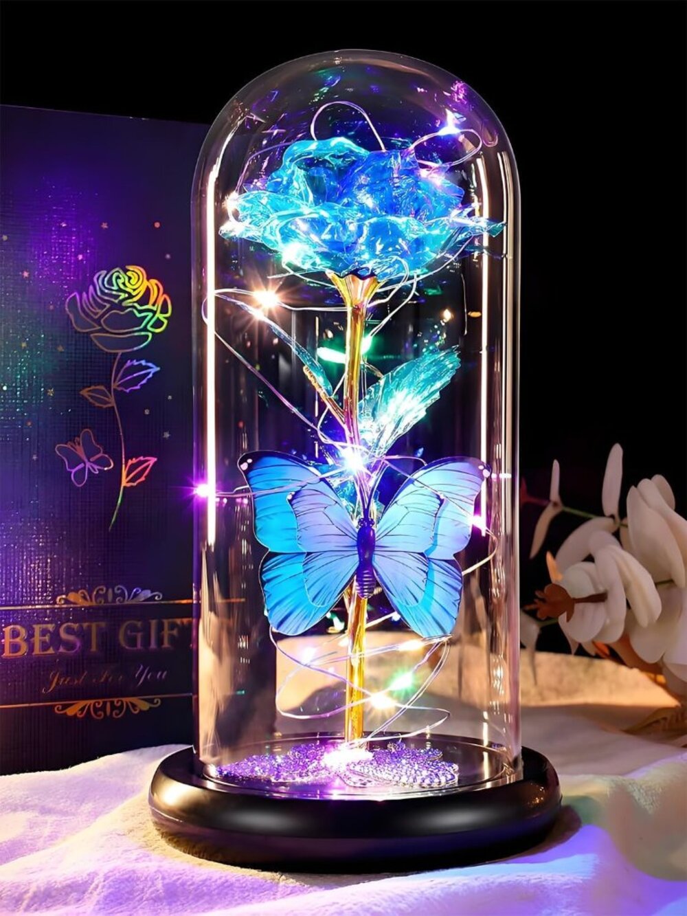 New Birthday Gifts for Women Mom Galaxy Crystal Flower Blue Rose in Glass Dome
